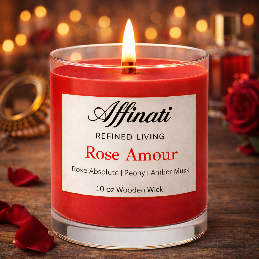 Rose Amour Wooden Wick Candle – Luxury 10 oz Soy Blend | Affinati