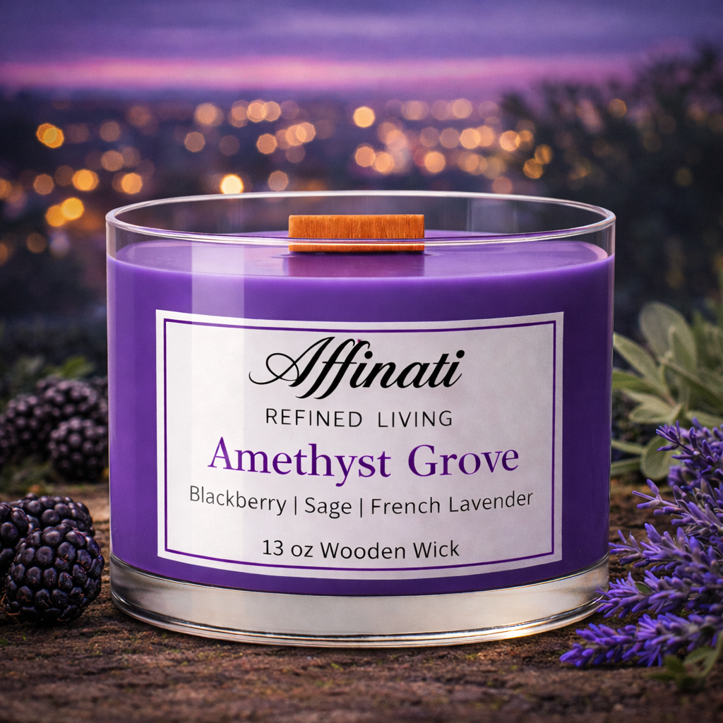 Amethyst Grove Wooden Wick Candle – Luxury 13 oz Soy Blend | Affinati