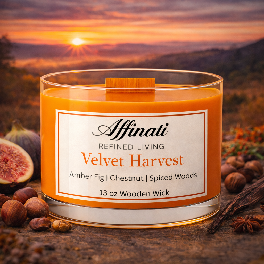 Velvet Harvest Wooden Wick Candle – Luxury 13 oz Soy Blend | Affinati