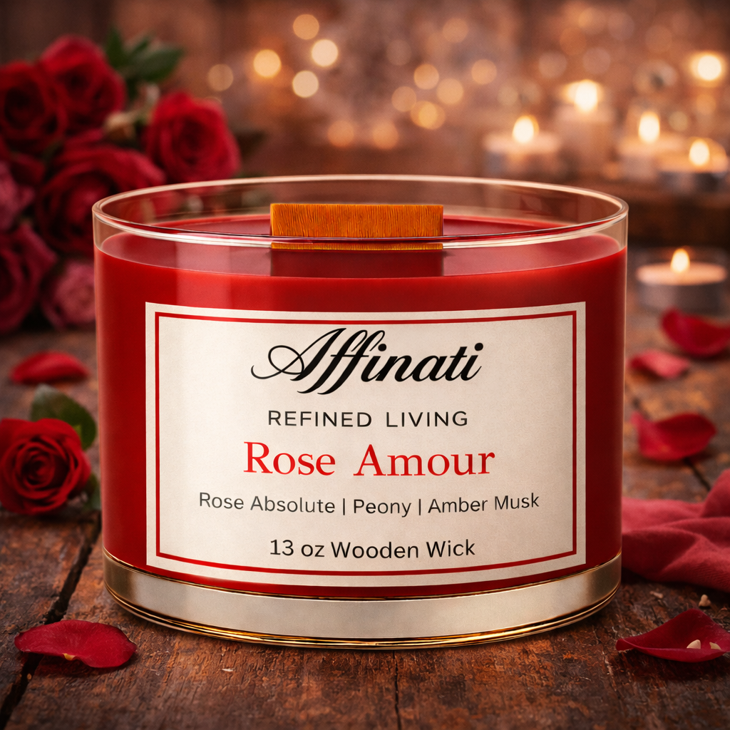 Rose Amour Wooden Wick Candle – Luxury 13 oz Soy Blend | Affinati