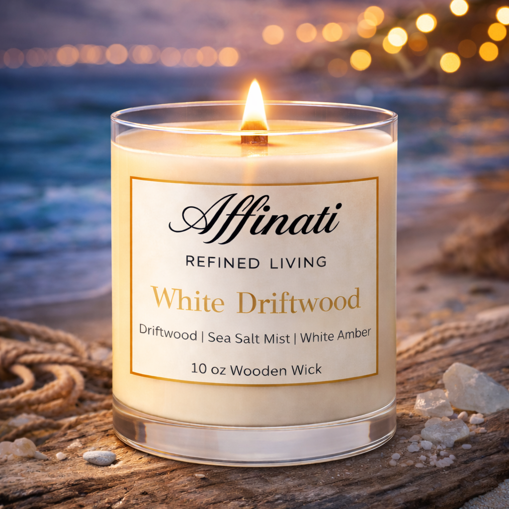 White Driftwood Wooden Wick Candle – Luxury 10 oz Soy Blend | Affinati