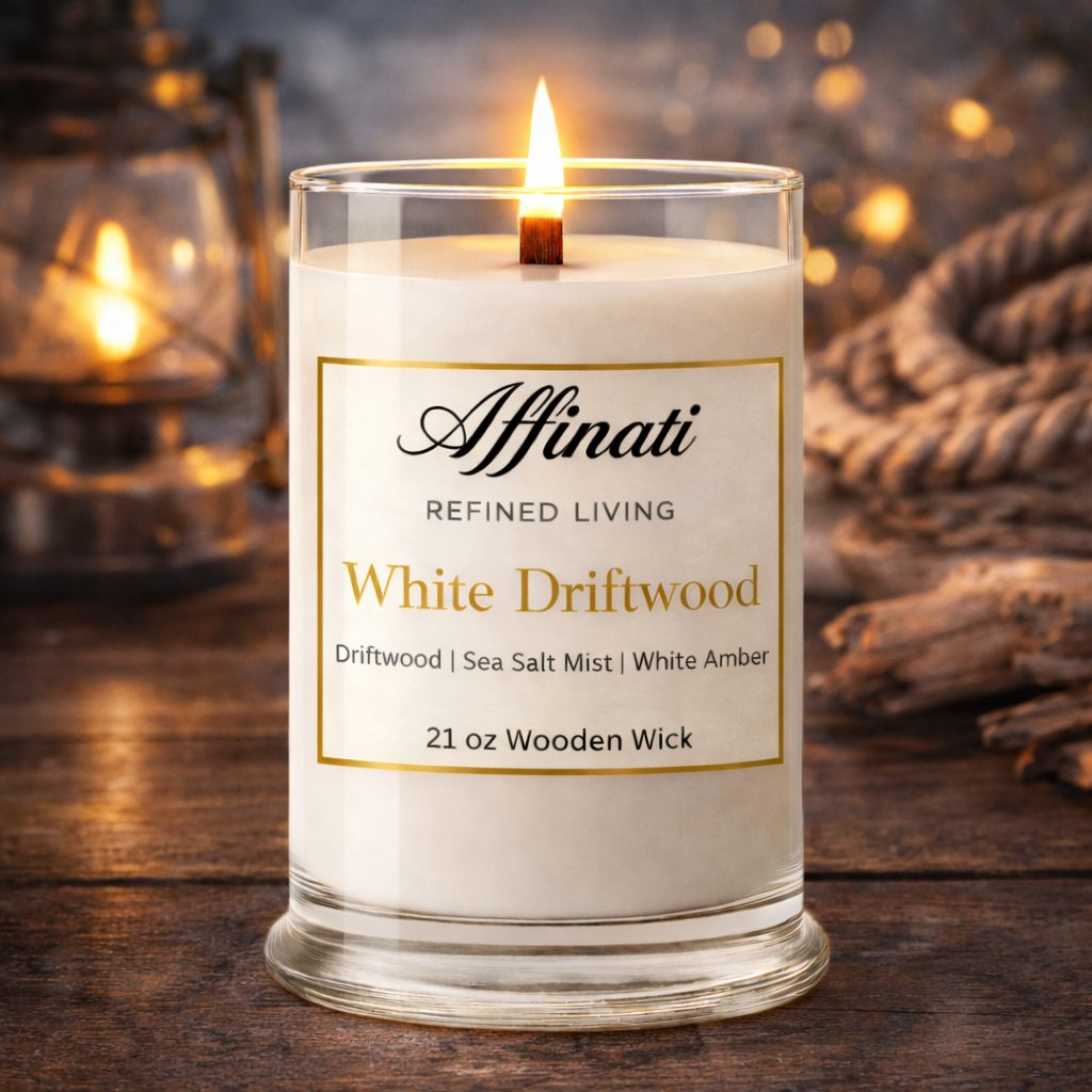 White Driftwood Wooden Wick Candle – Luxury 21 oz Soy Blend | Affinati
