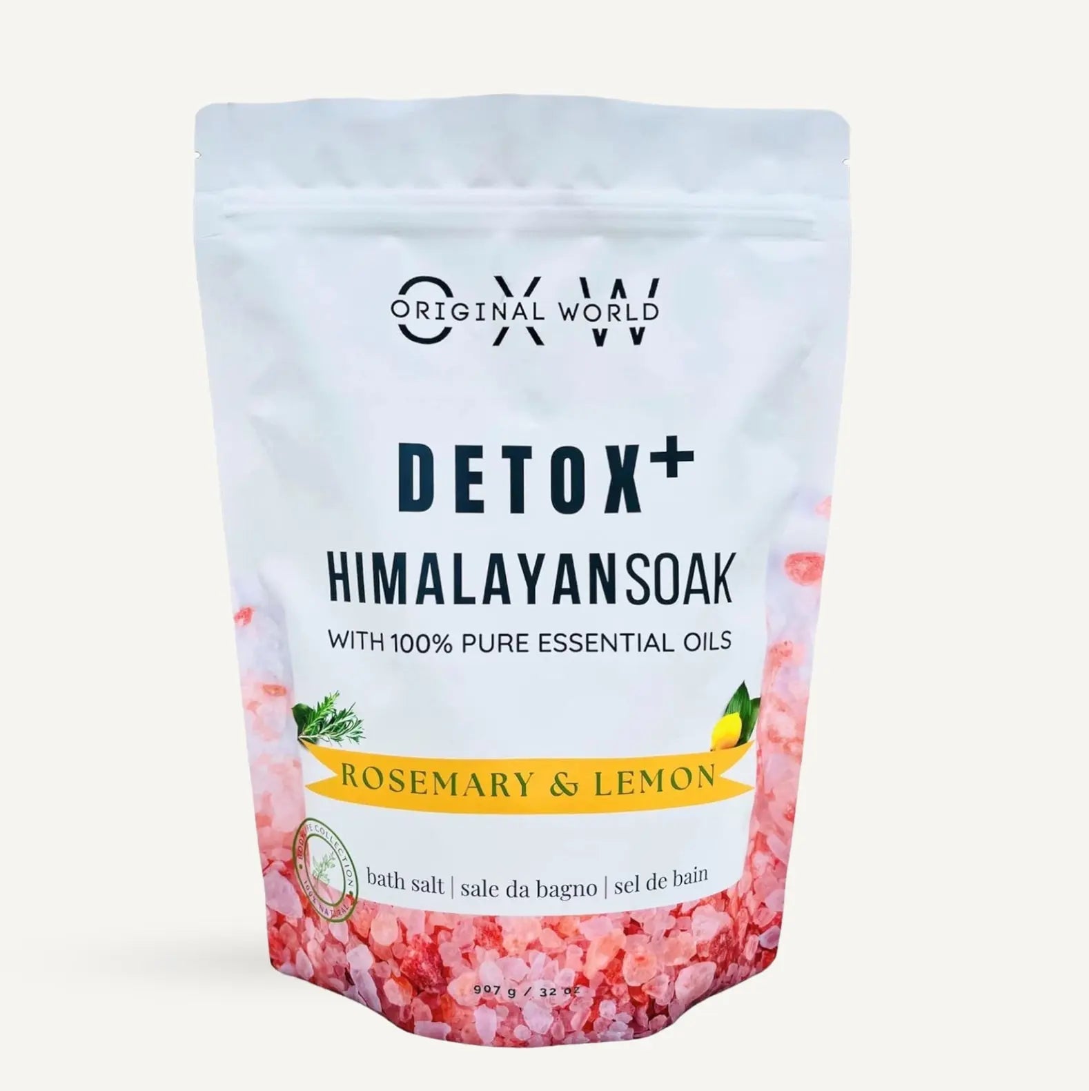 Detox+ Himalayan Epsom Bath Salt Infused with Rosemary and Lemon Essential Oils 2 lbs BPA Free Bag